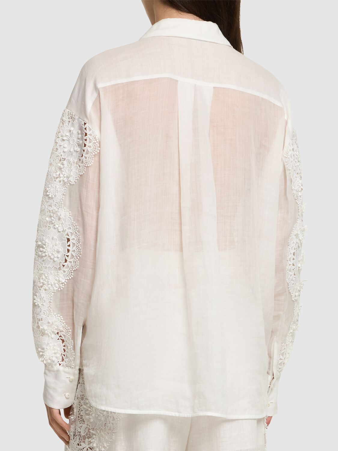 Shop Zimmermann Halliday Ramie Lace Flower Shirt In Ivory