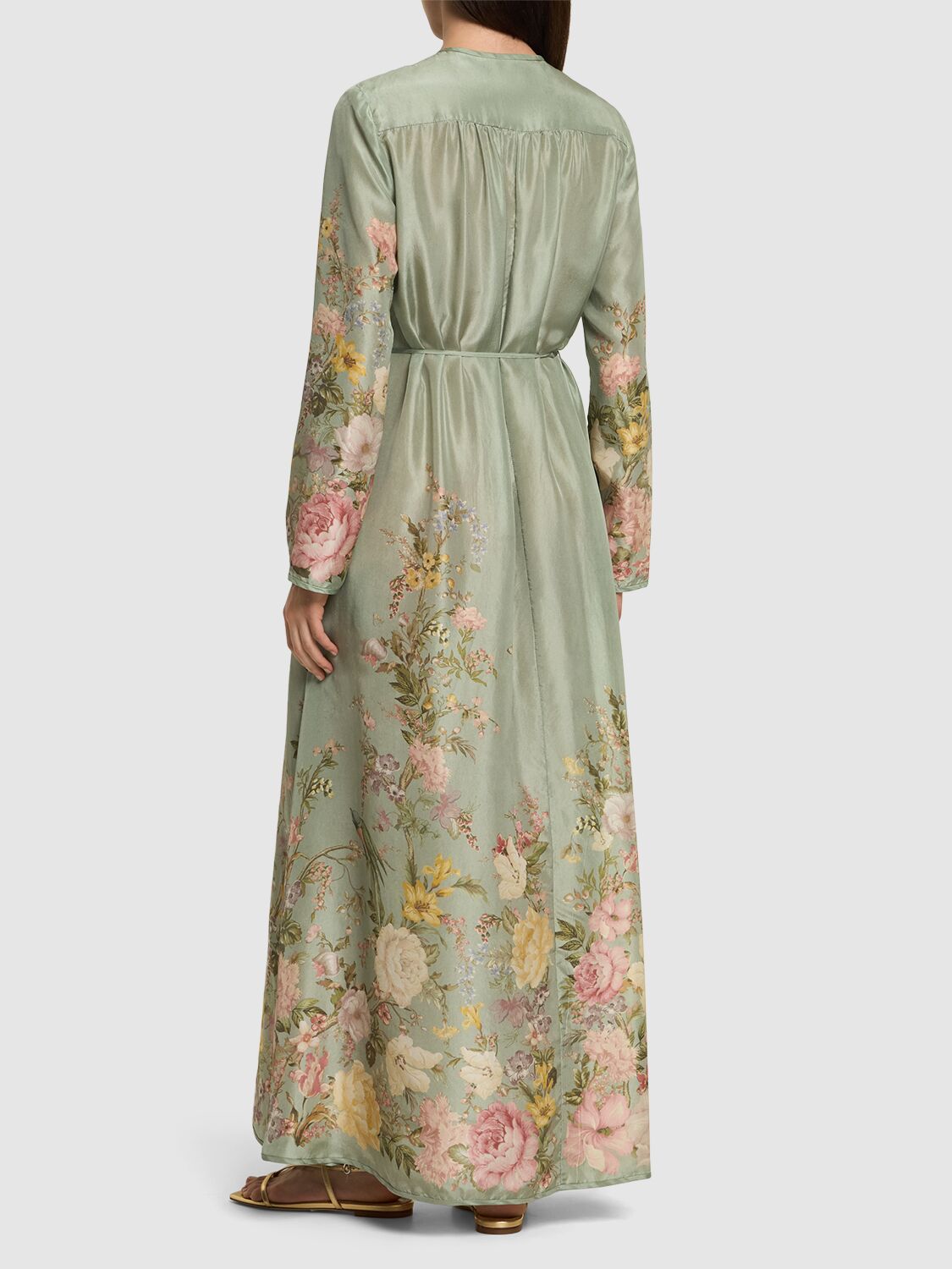 Shop Zimmermann Waverly Printed Linen Billow Maxi Dress In Sage,multi