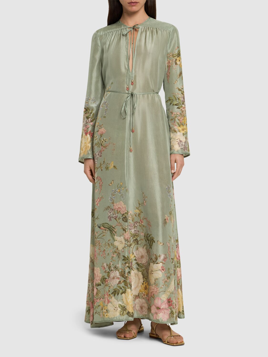 Shop Zimmermann Waverly Printed Linen Billow Maxi Dress In Sage,multi