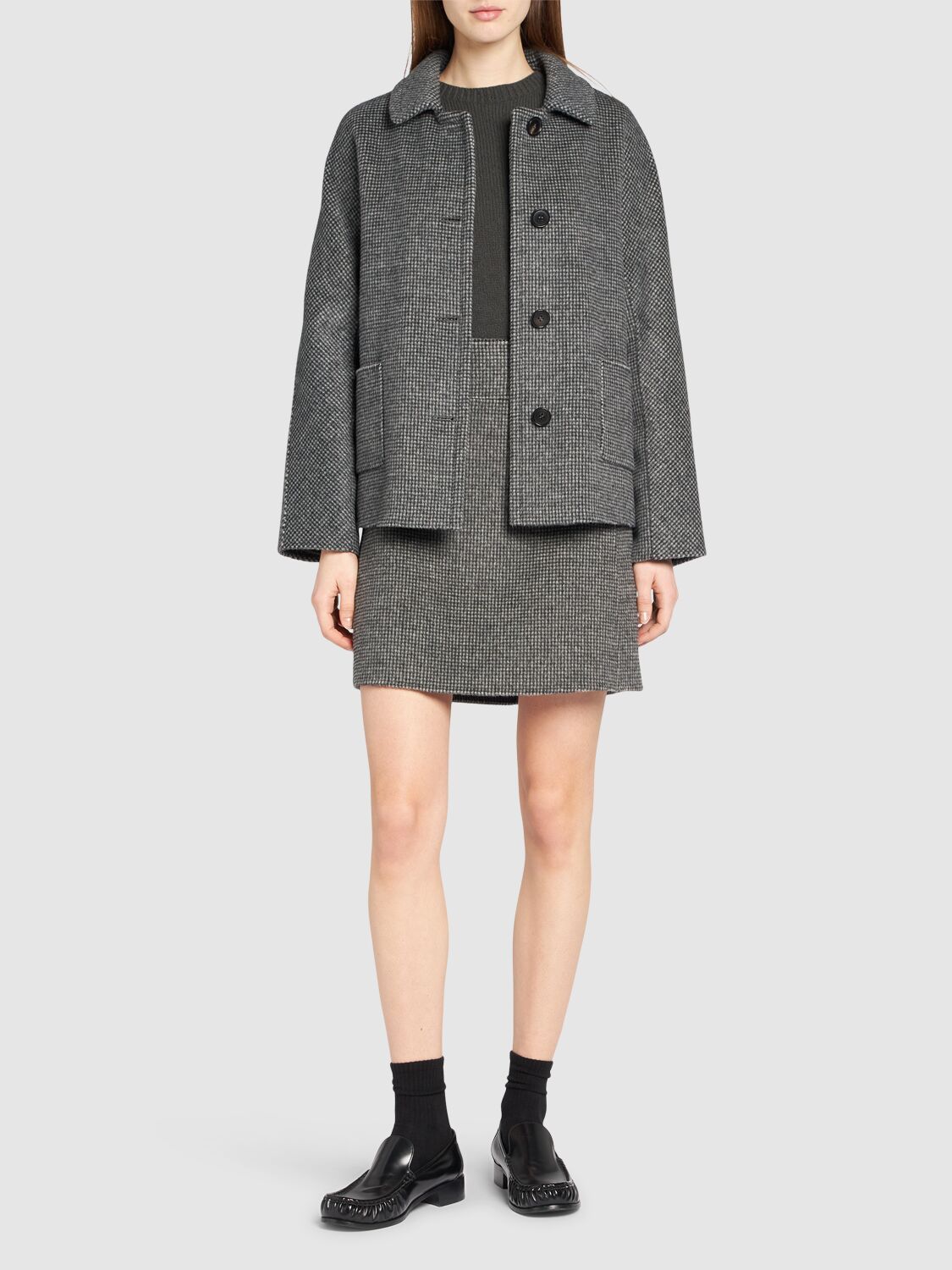 Shop 's Max Mara Stone Wool Blend Houndstooth Mini Skirt In Grey/black