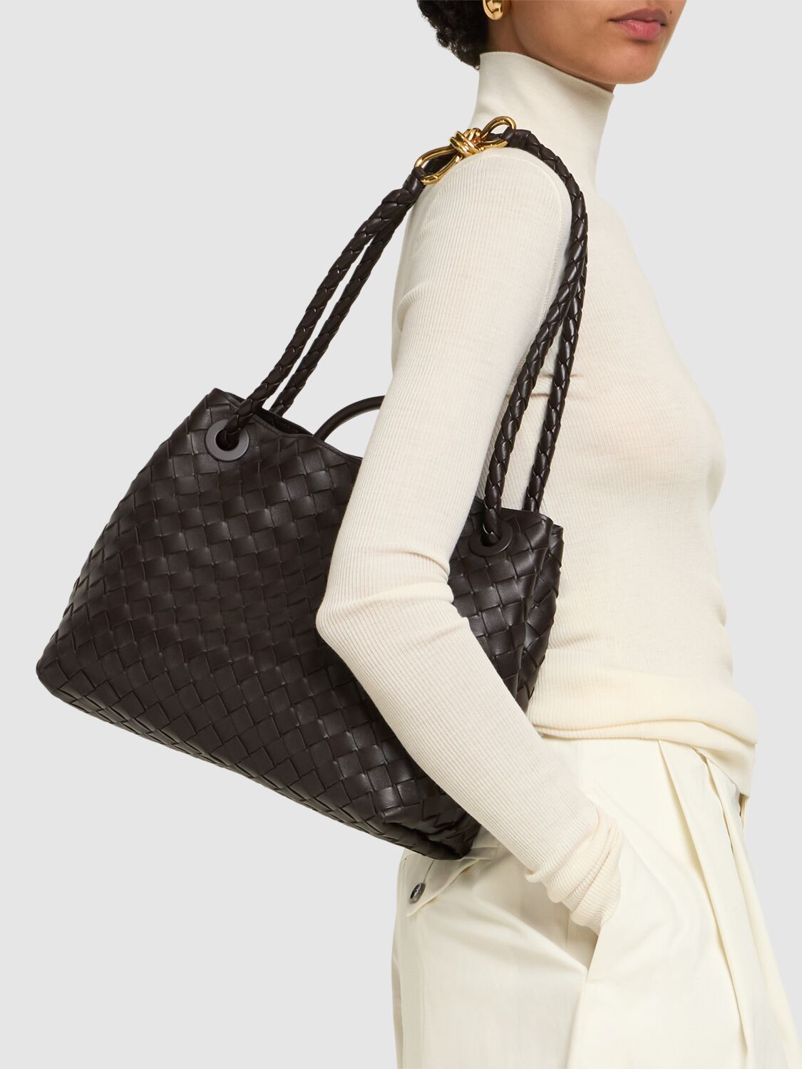 Shop Bottega Veneta Medium Andiamo Leather Top Handle Bag In Fondant