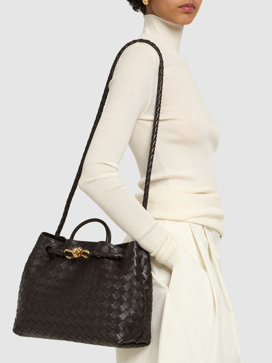 Shop Bottega Veneta Medium Andiamo Leather Top Handle Bag In Fondant