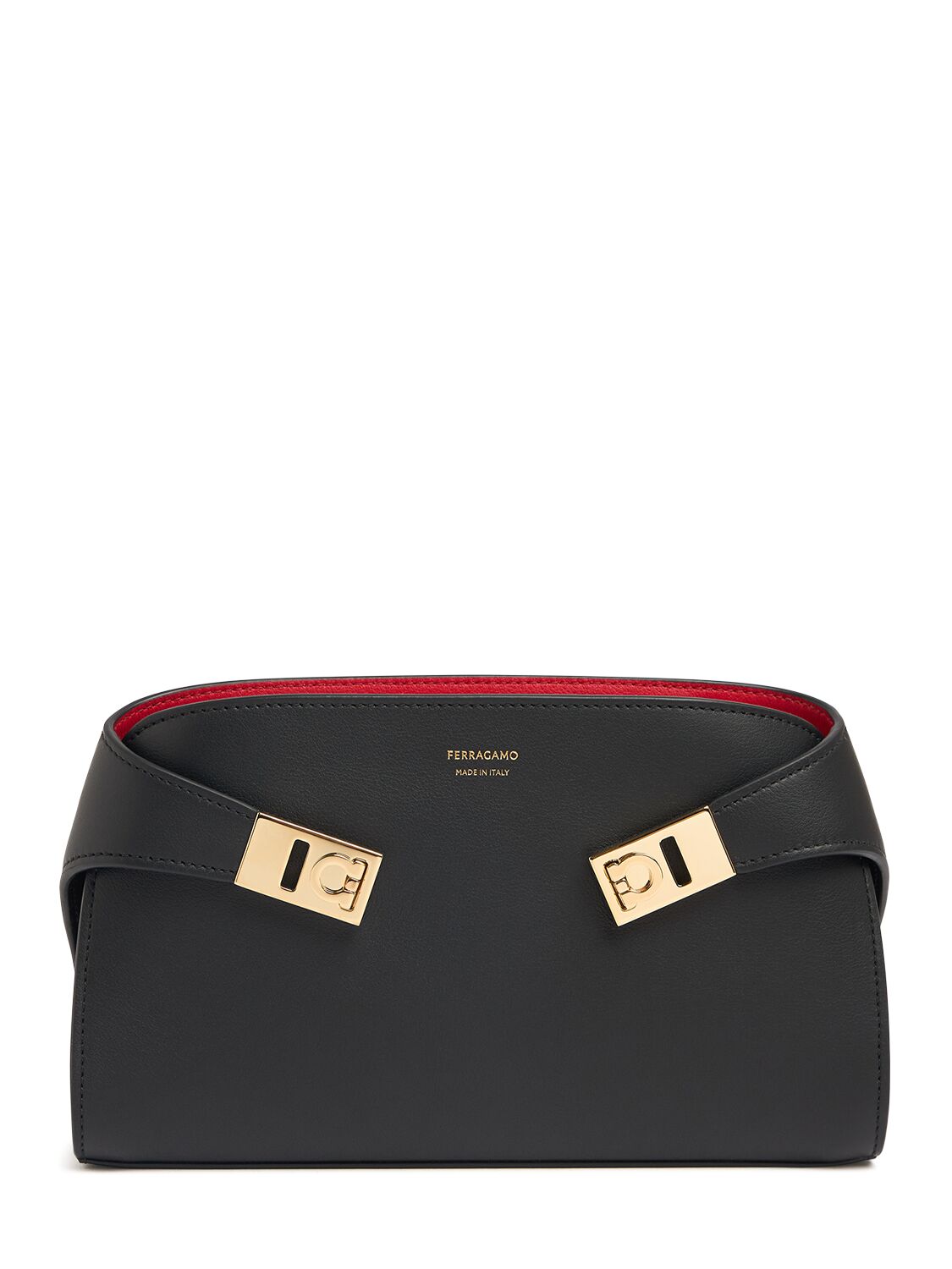 Ferragamo Hug Leather Clutch In Nero,flame Red