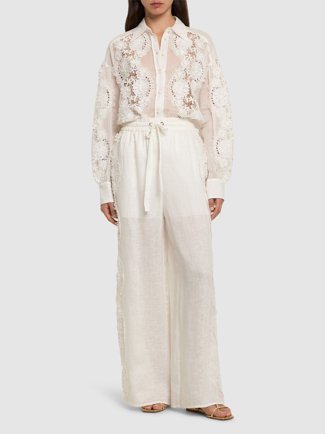 Shop Zimmermann Halliday Linen Lace Flower Pants In Ivory