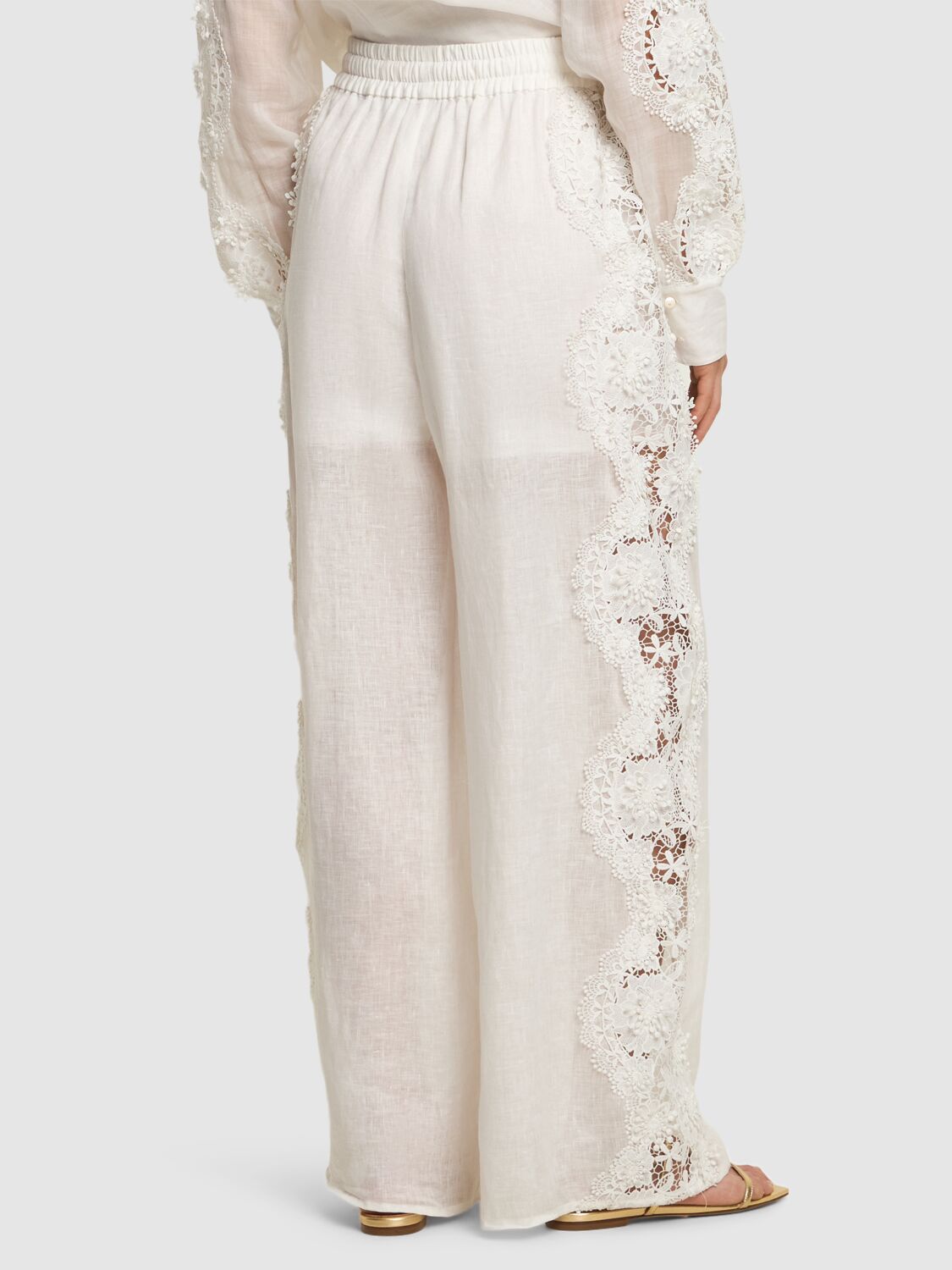 Shop Zimmermann Halliday Linen Lace Flower Pants In Ivory