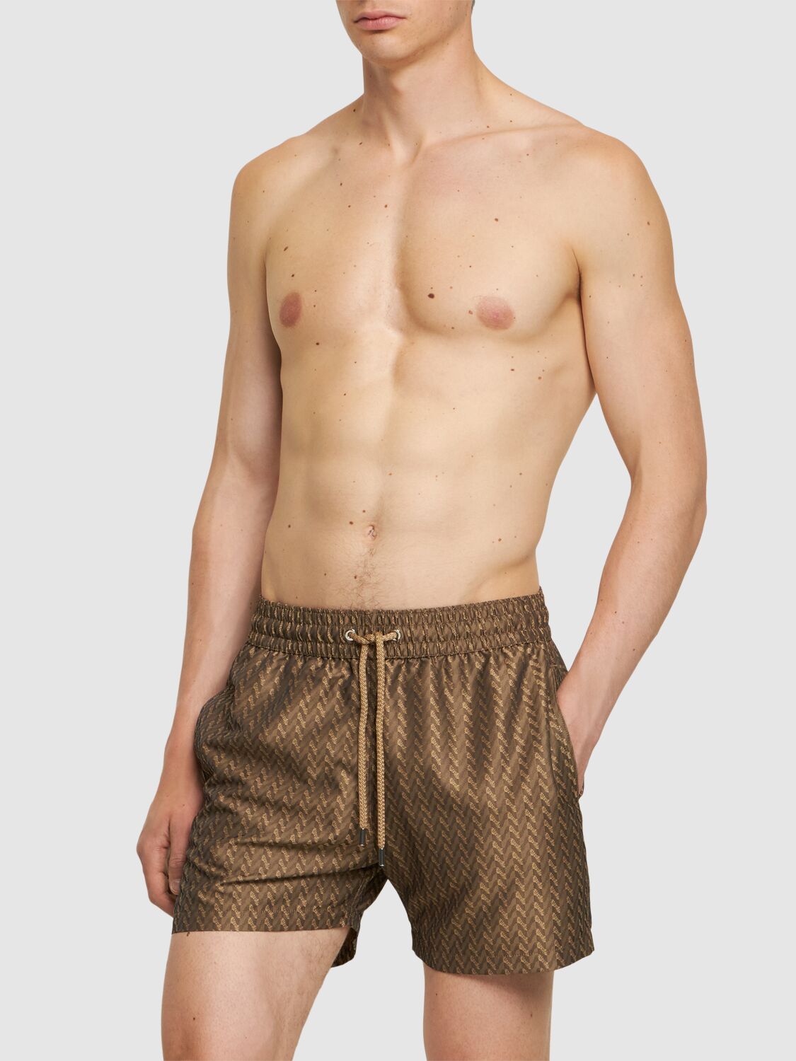 Shop Frescobol Carioca Sport Herringbone Jacquard Swim Shorts In Khaki Brown