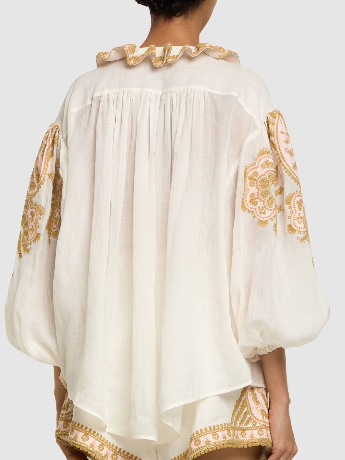 Shop Zimmermann Waverly Linen Embroidered Top In Cream,gold