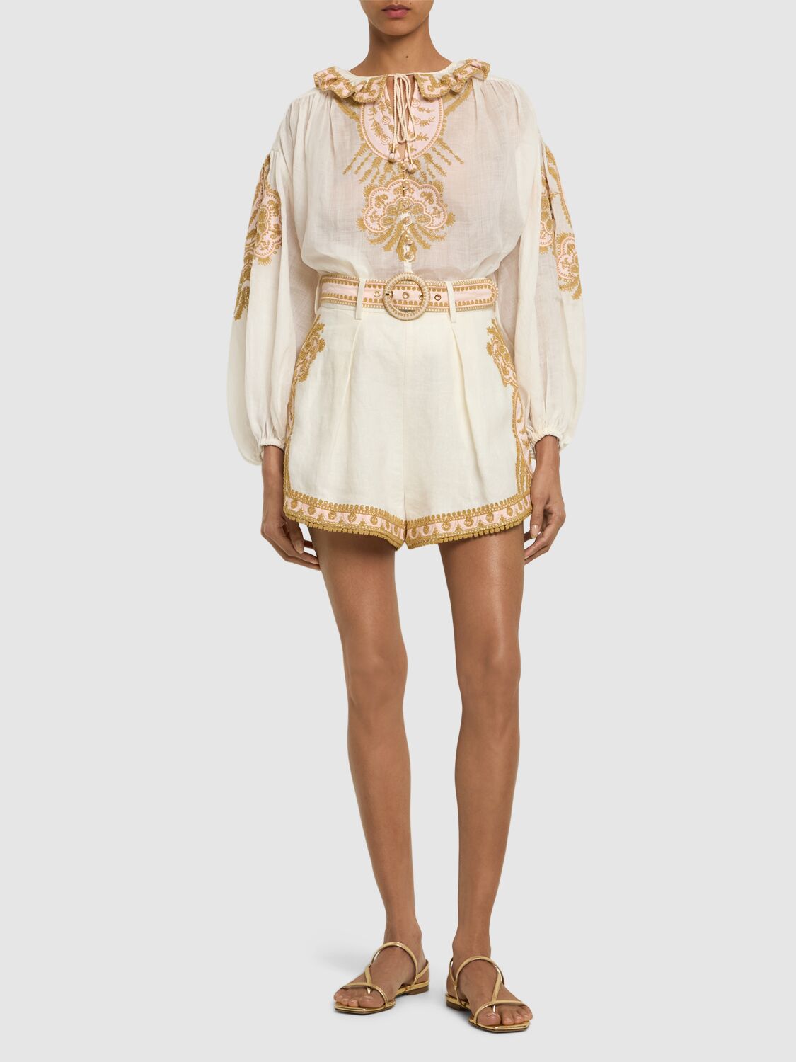 Shop Zimmermann Waverly Linen Embroidered Top In Cream,gold