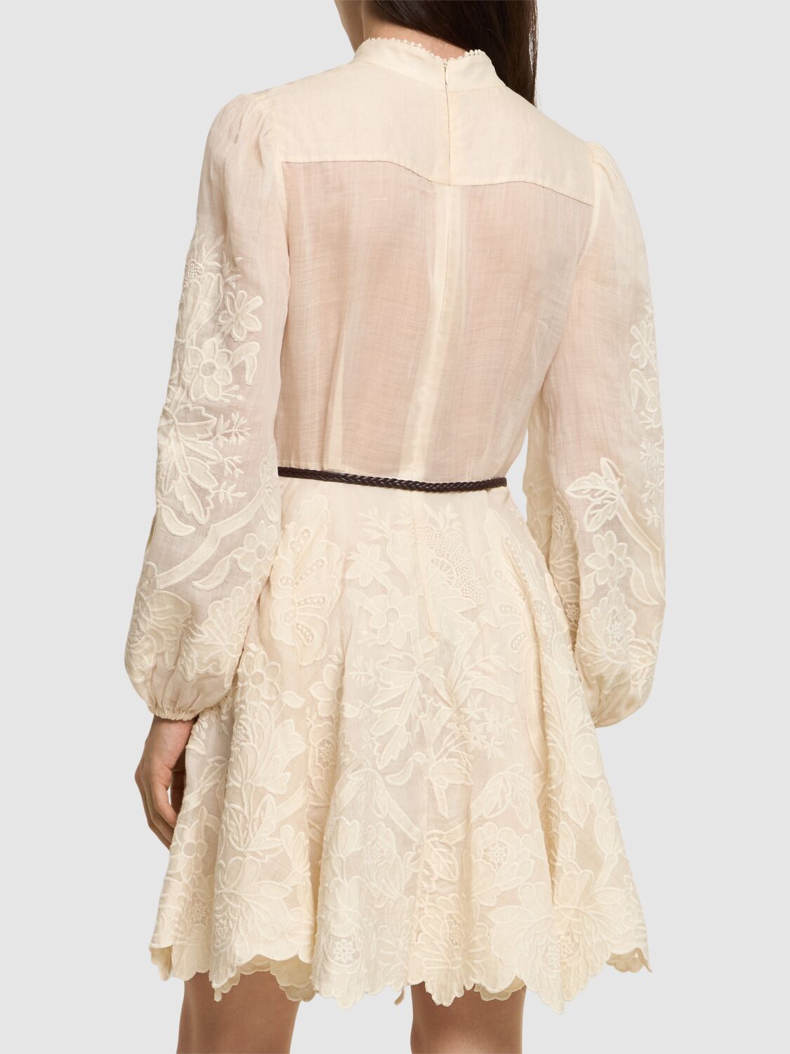 Shop Zimmermann Ottie Linen Embroidered Mini Dress In Cream