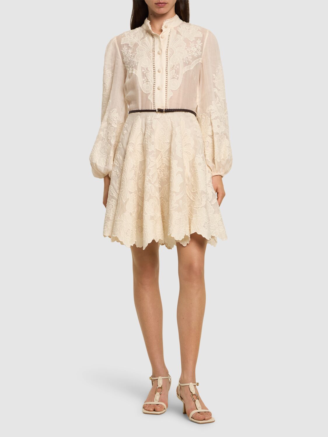 Shop Zimmermann Ottie Linen Embroidered Mini Dress In Cream