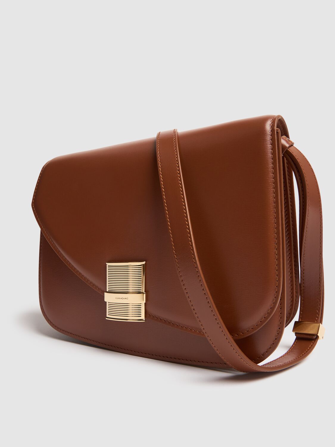 Shop Ferragamo Medium Fiamma Leather Shoulder Bag In Cognac