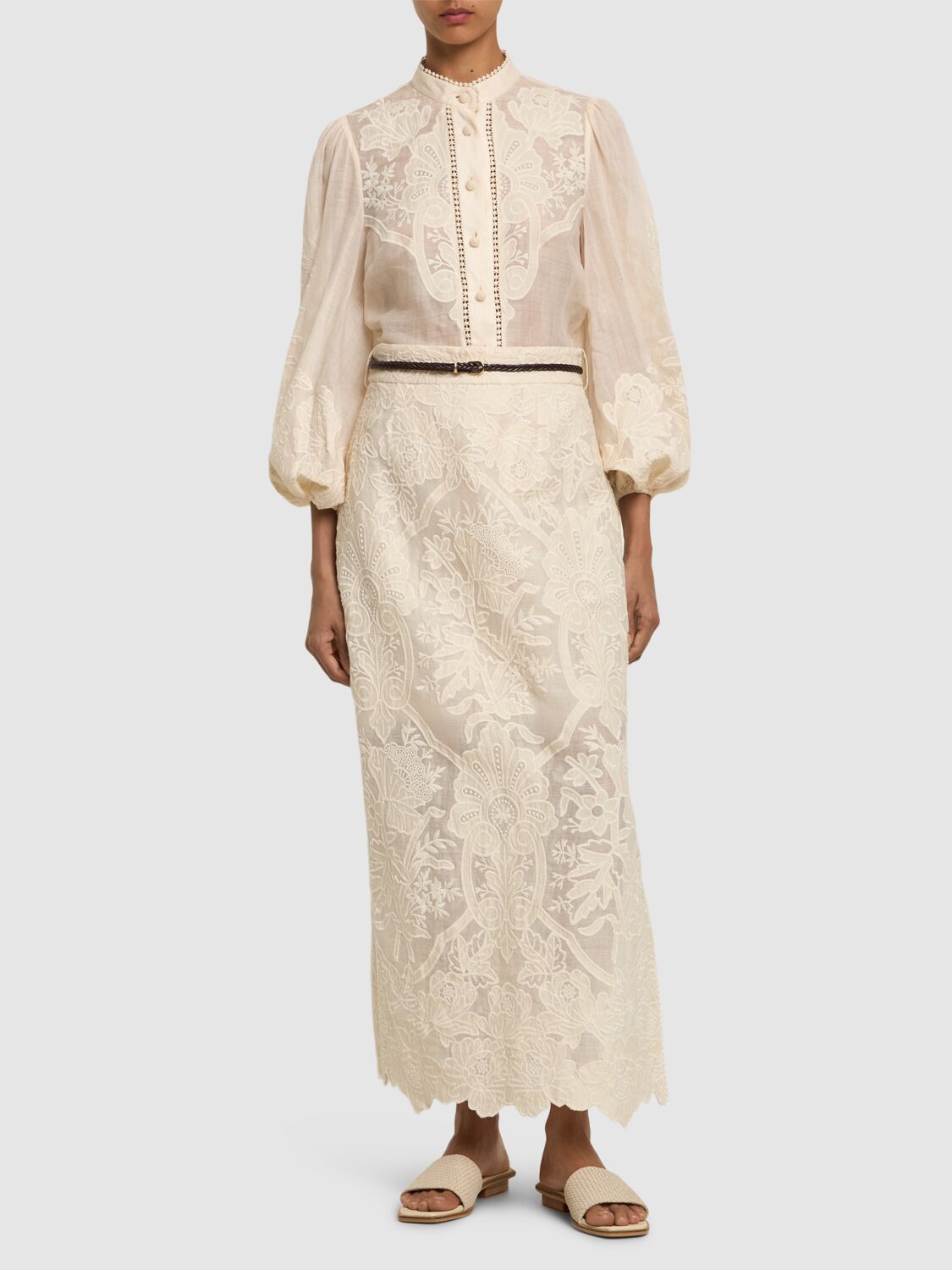 Shop Zimmermann Ottie Embroidered Linen Midi Skirt In Cream