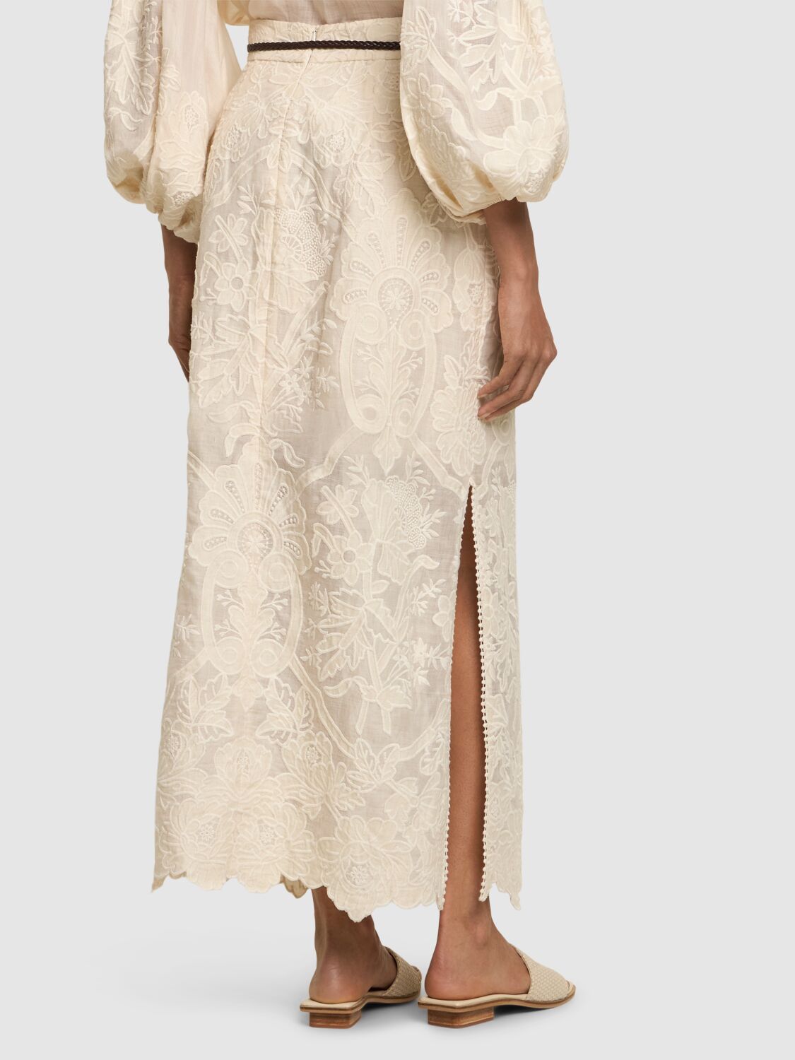 Shop Zimmermann Ottie Embroidered Linen Midi Skirt In Cream