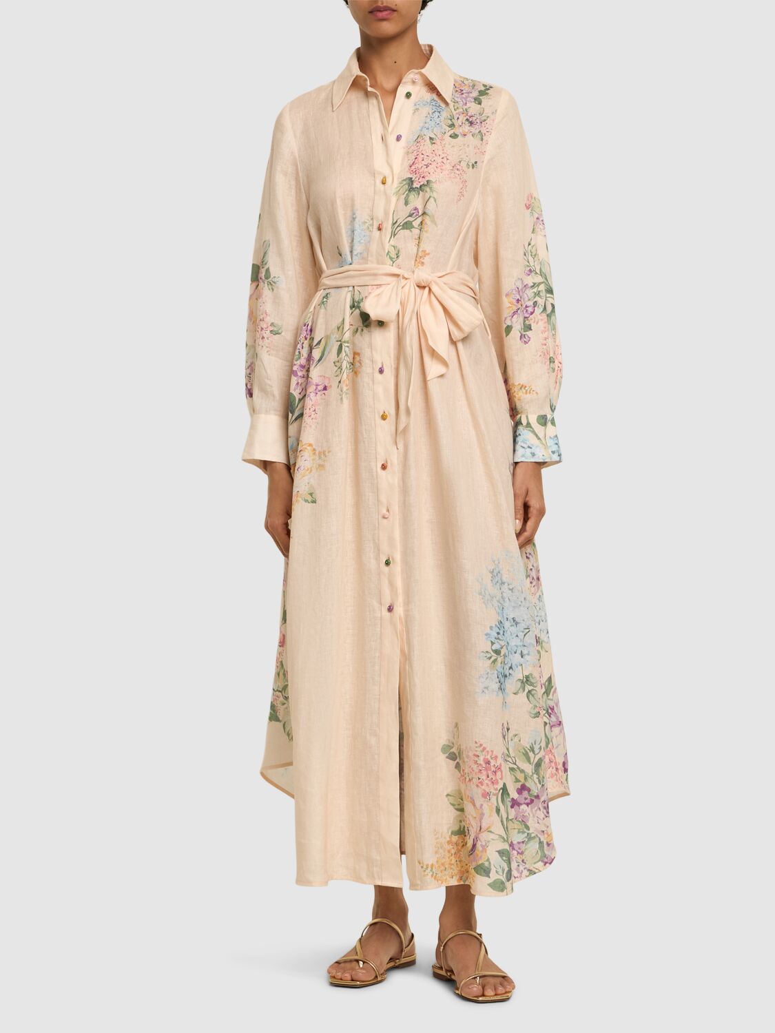 Shop Zimmermann Halliday Linen Self-tie Shirt Midi Dress In Cream,multi