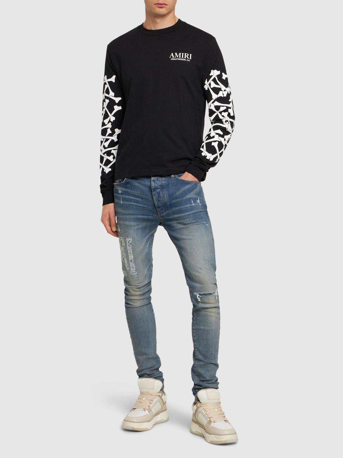 Shop Amiri Bones Stacked Cotton Long Sleeve T-shirt In Black