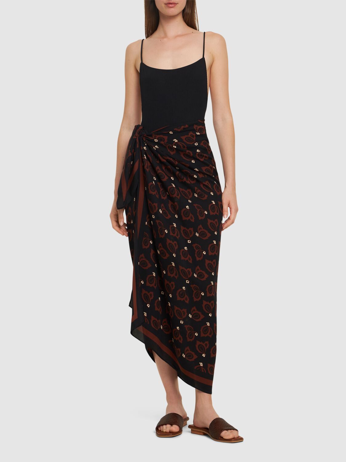 Shop Matteau Printed Silk Sarong Skirt In Brown,black