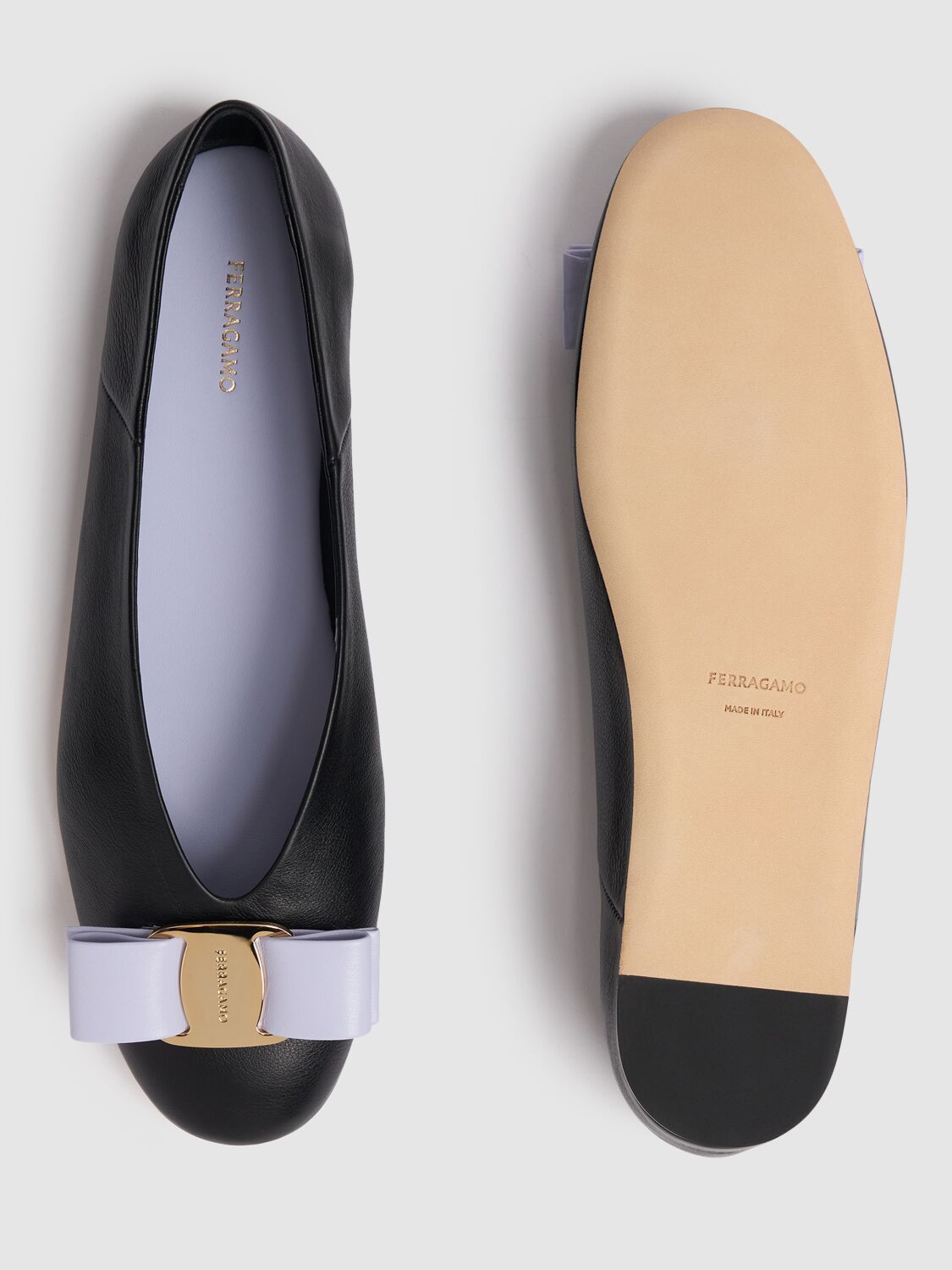 Shop Ferragamo 5mm Vanna Leather Ballerina Flats In Black/lilac