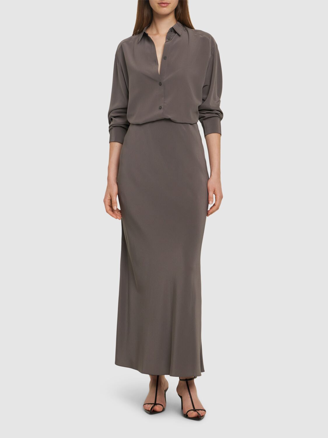 Shop Matteau Silk Elastic Long Skirt In Taupe Grey