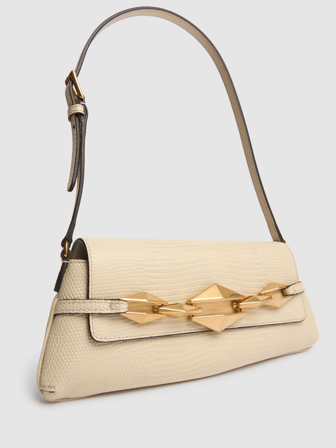 Shop Jimmy Choo Small E/w Diamond Embossed Leather Bag In Bamboo/gold