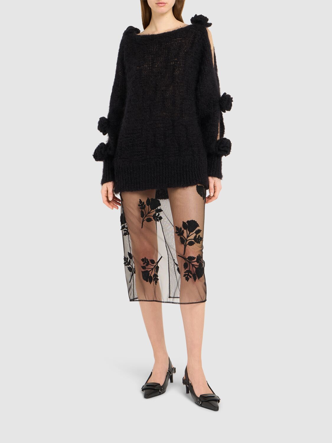 Blumarine Flower Embroidered Sheer Midi Skirt In Black