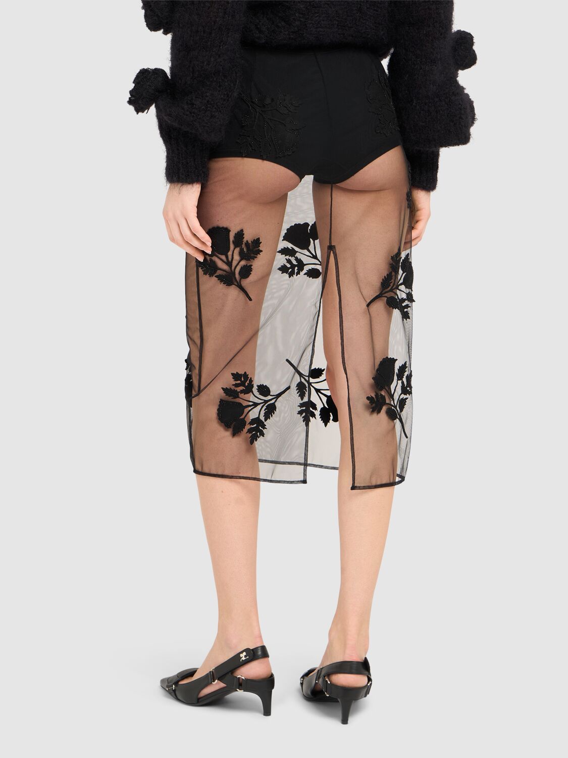 Blumarine Flower Embroidered Sheer Midi Skirt In Black