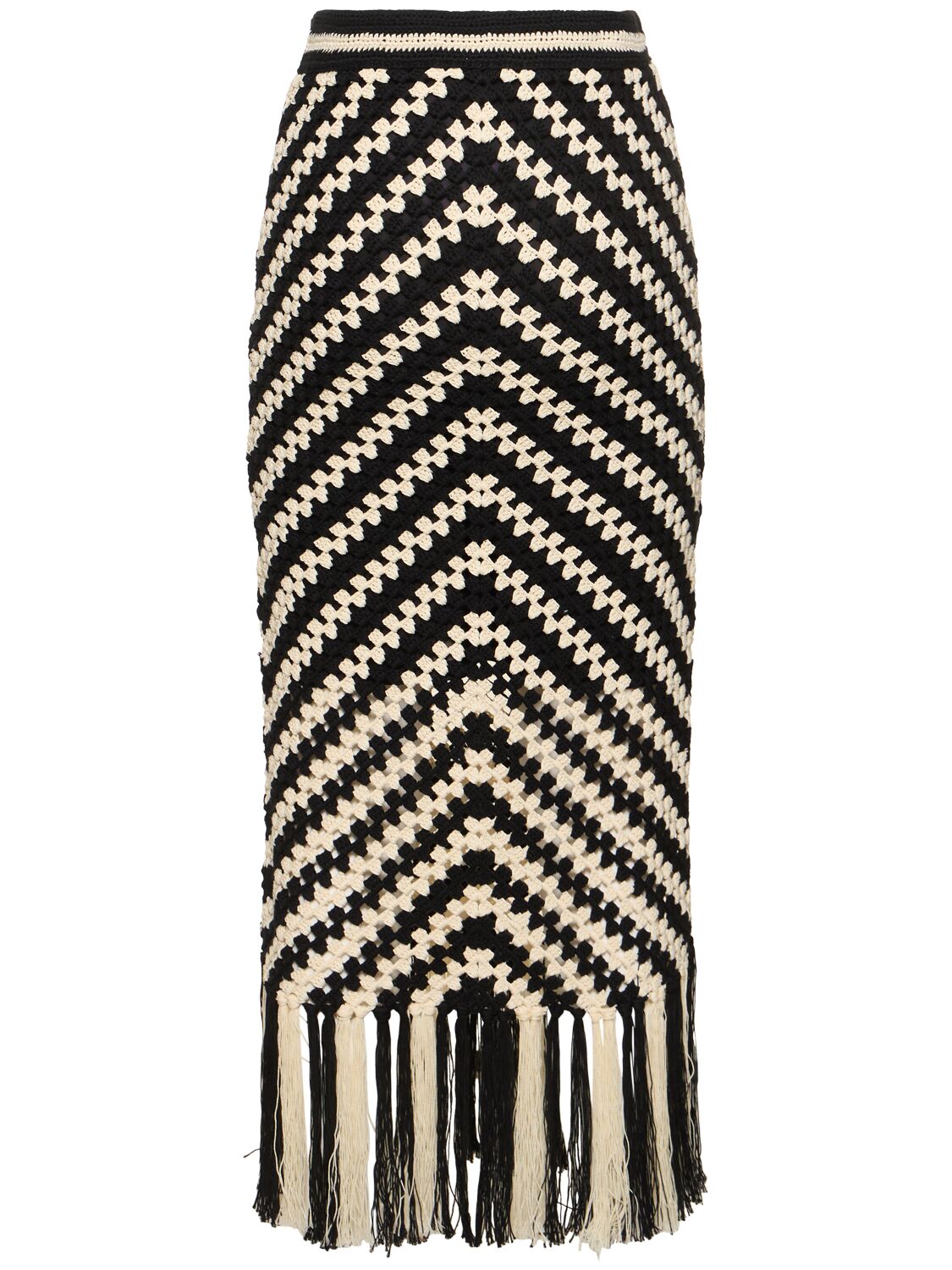 Shop Zimmermann Halliday Hand Crochet Fringed Midi Skirt In Black,off White