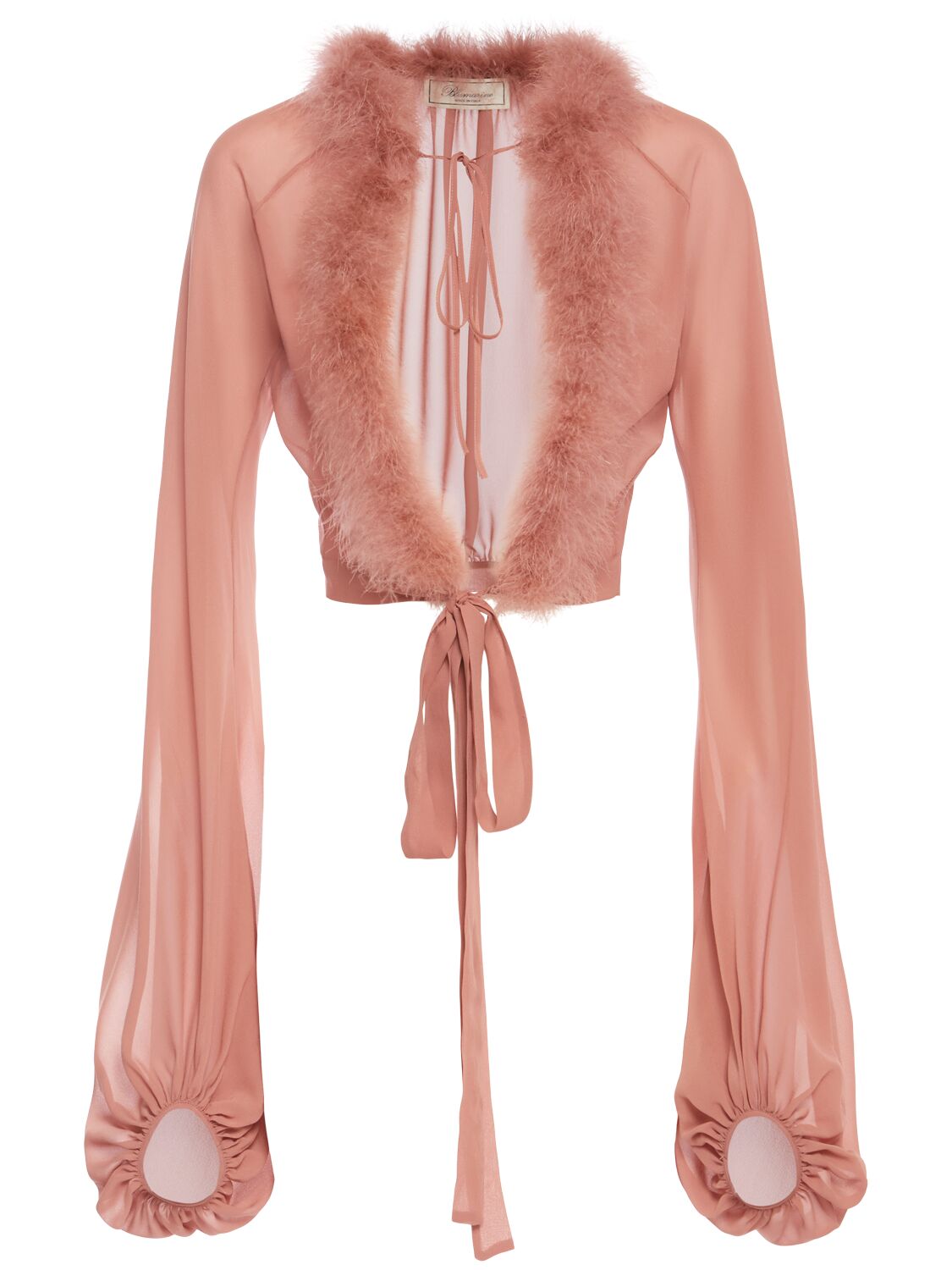 Blumarine Sheer Shirt With Feather Trim In Pink