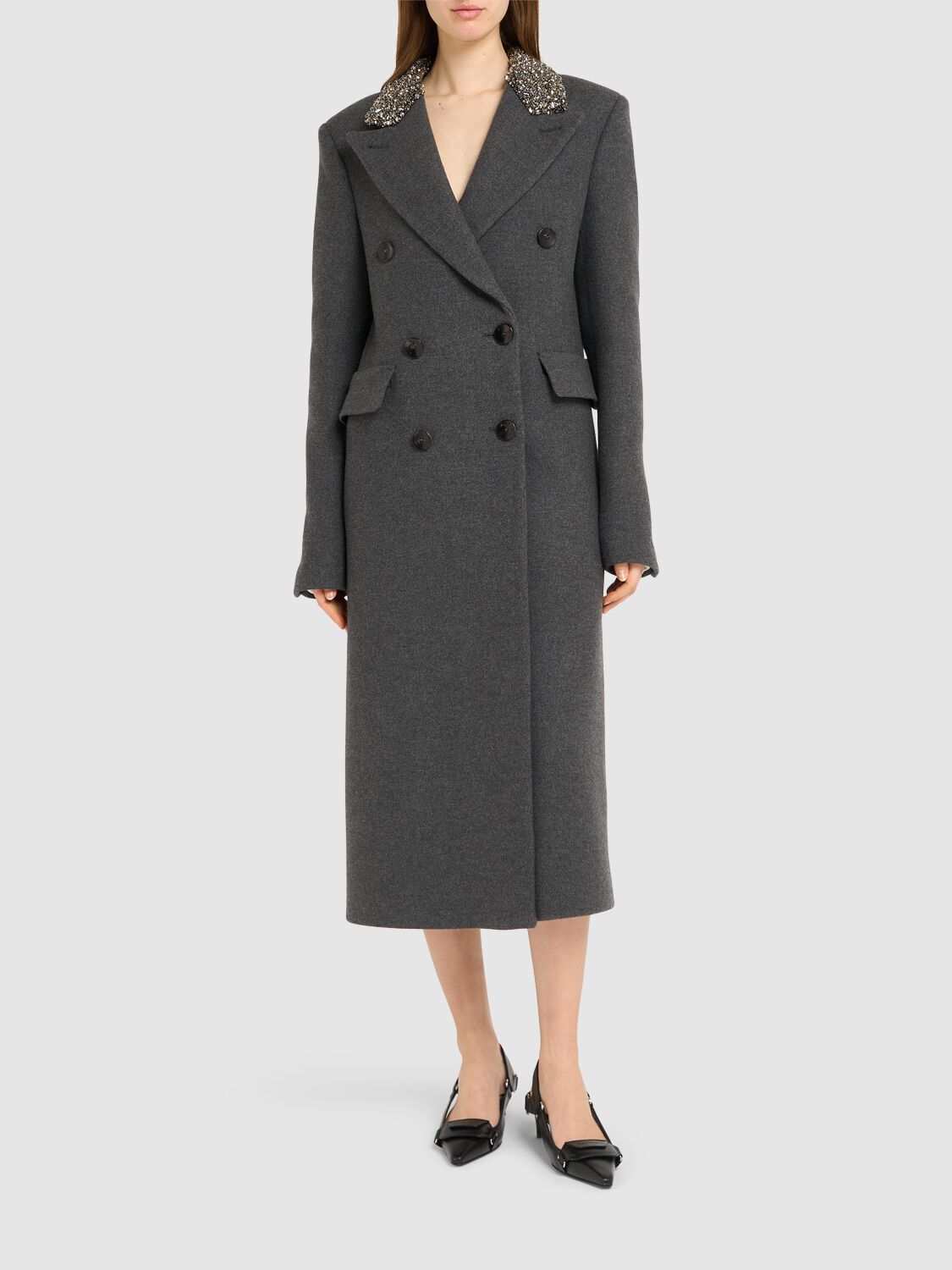 Shop Blumarine Double Breast Wool Long Coat In Grey