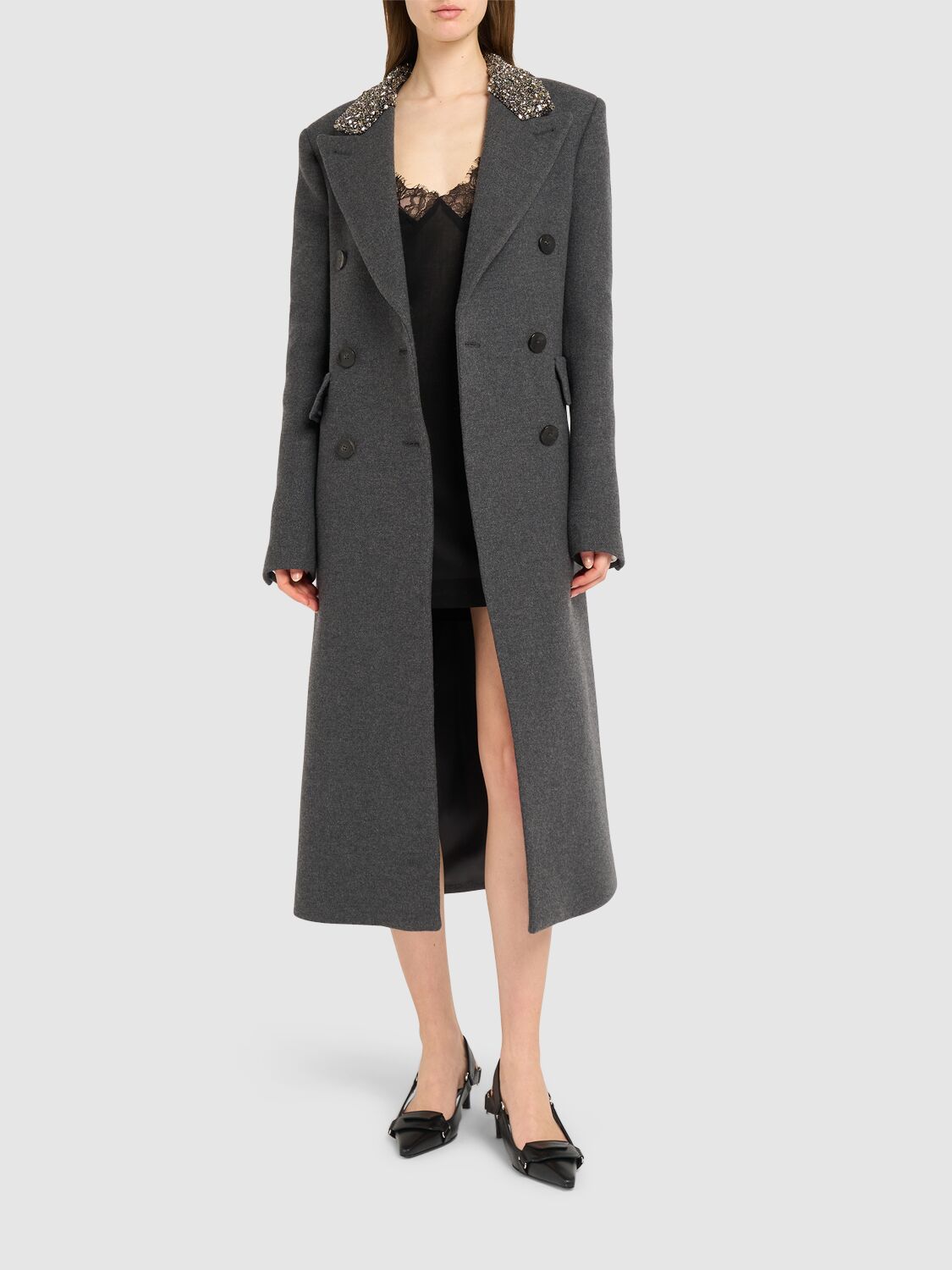 Shop Blumarine Double Breast Wool Long Coat In Grey