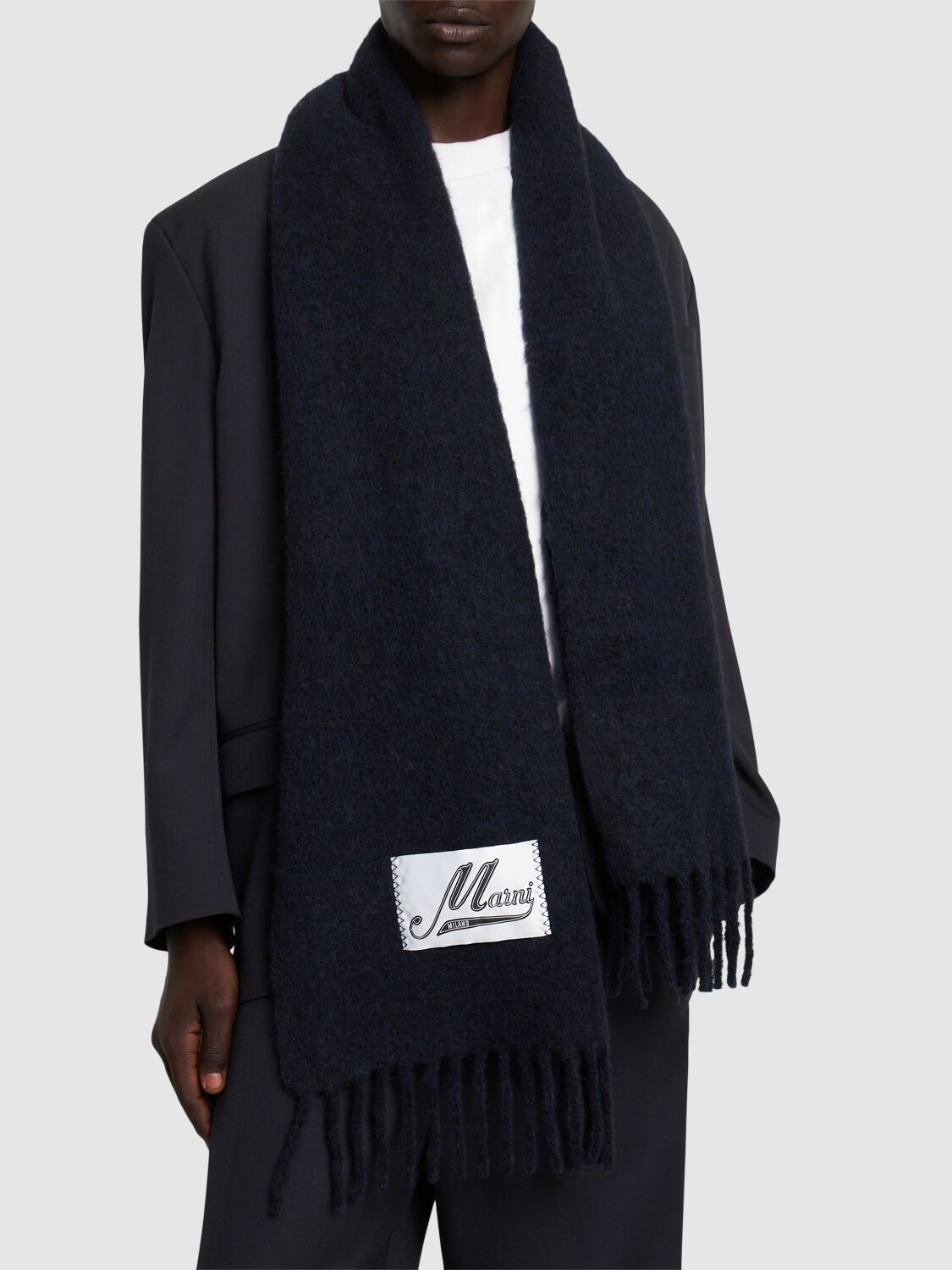 Shop Marni Logo Label Alpaca Blend Scarf In Navy