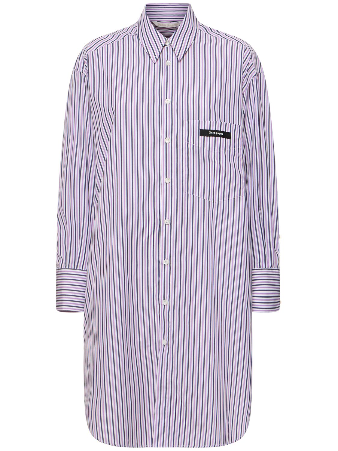 Palm Angels Curved Logo Cotton Shirt Dress In Purple,white