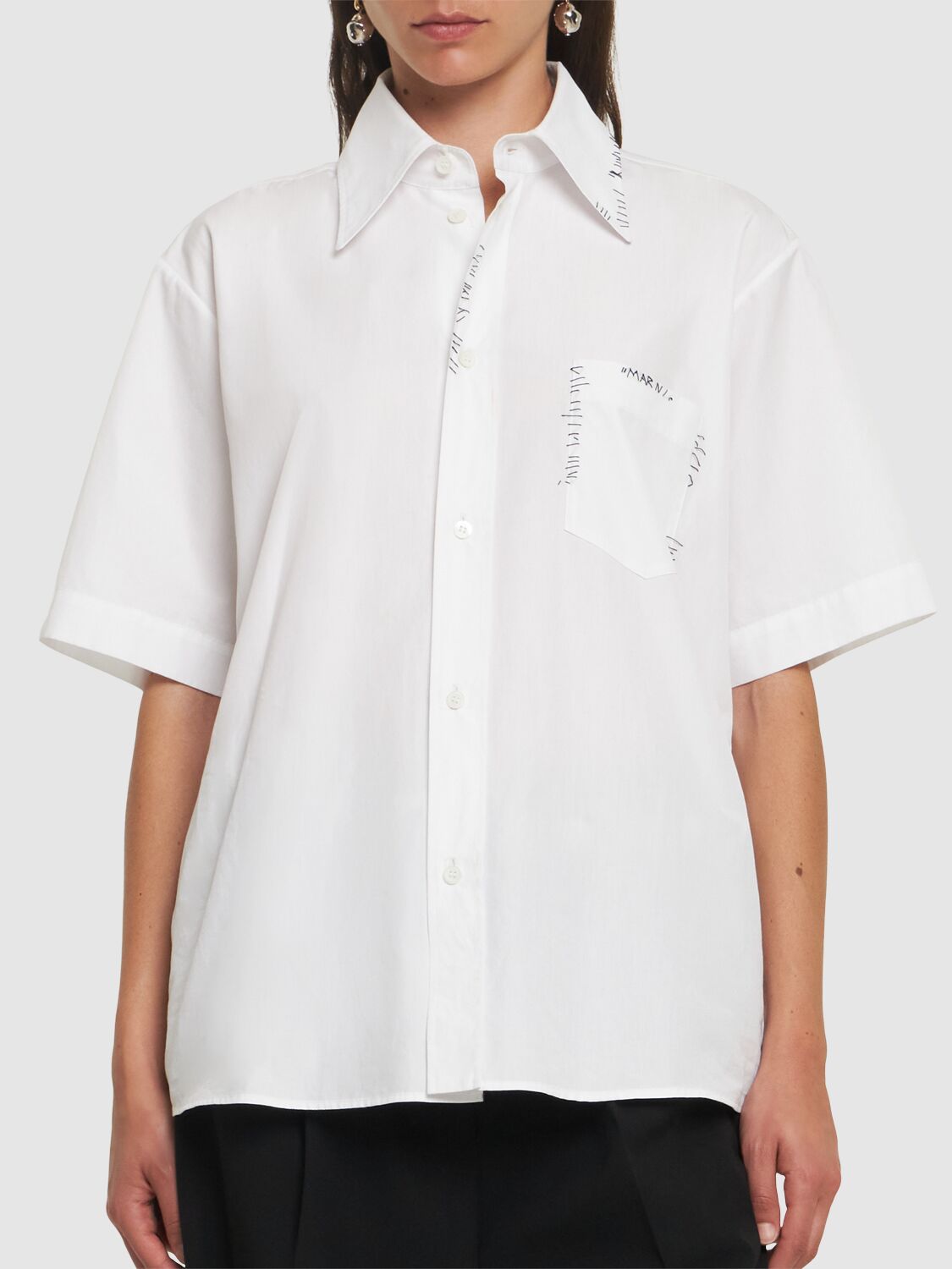 Shop Marni Logo Cotton Poplin Short Sleeve Shirt In White