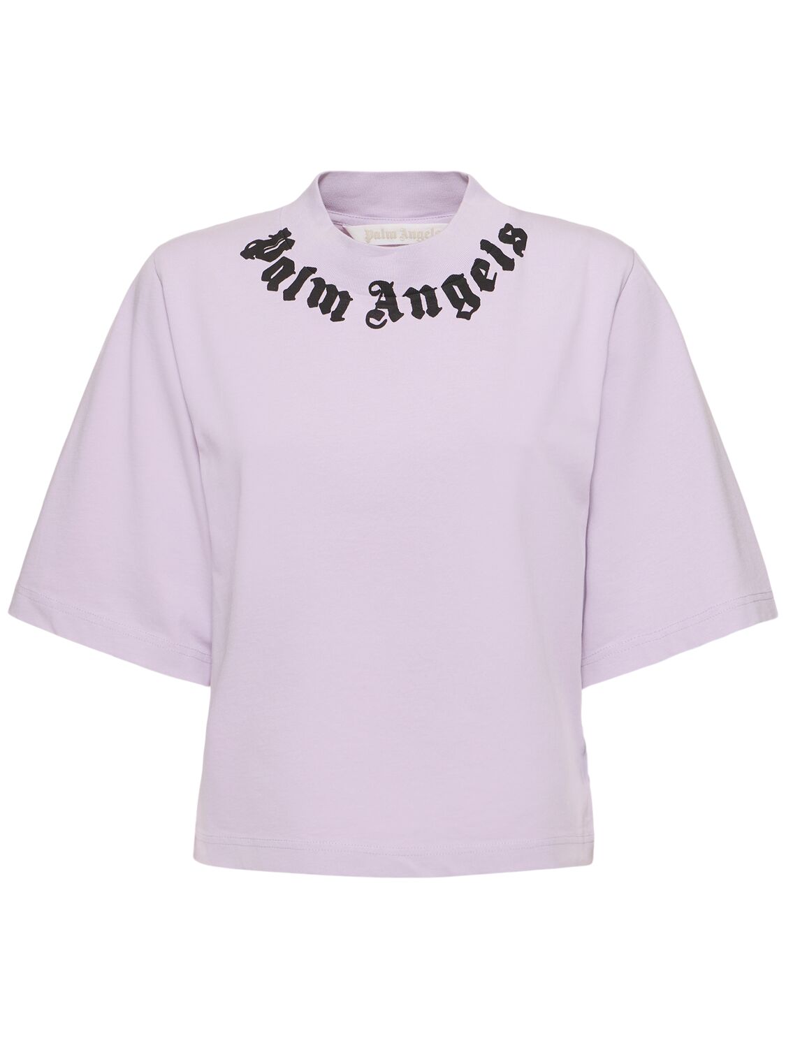 Palm Angels Neck Logo Cropped Cotton T-shirt In Lilac