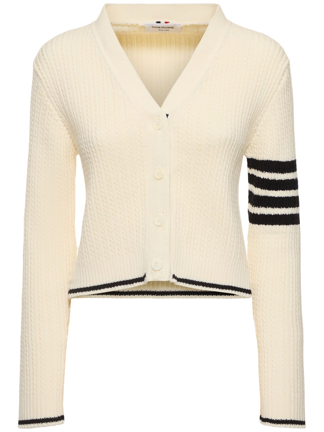 Thom Browne Cable Knit Cropped V Neck Cardigan In Ivory