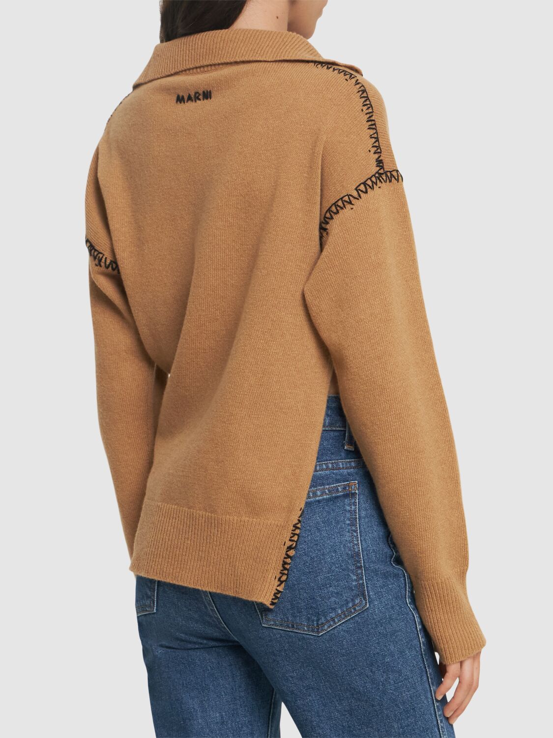 MARNI WOOL & CASHMERE KNIT V NECK POLO SWEATER 