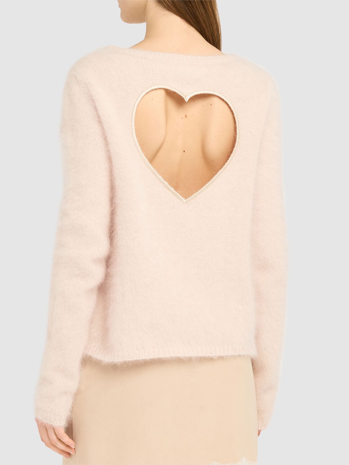 Shop Blumarine Back Heart Cut Out Fluffy Sweater In Nude