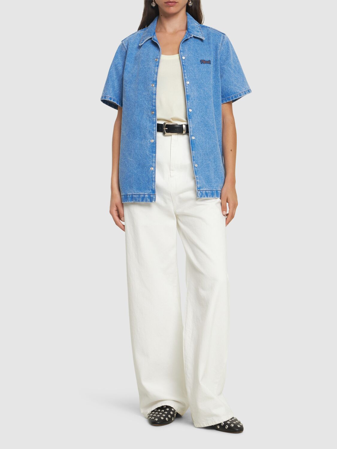 Shop Marni Bleached Denim Short Sleeve Shirt In Blue