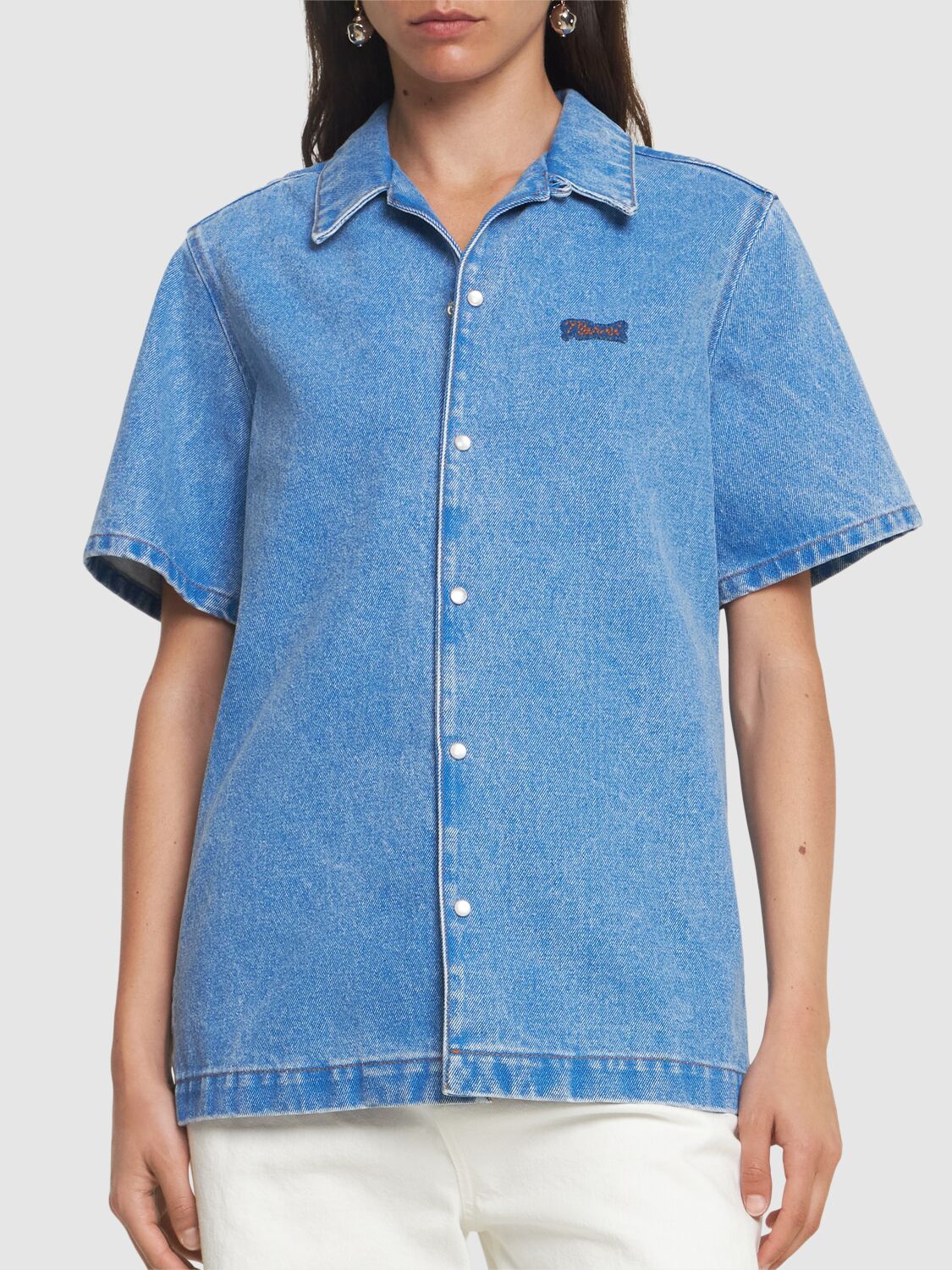 Shop Marni Bleached Denim Short Sleeve Shirt In Blue