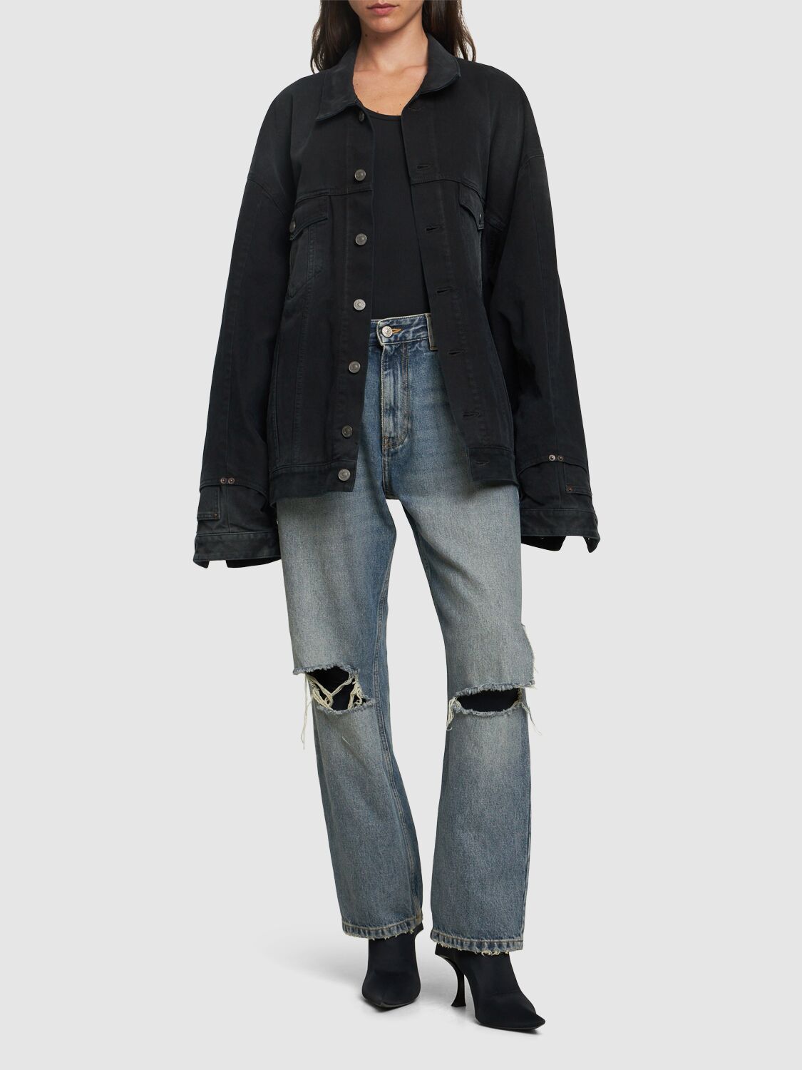 Shop Balenciaga Buckle Loose Fit Denim Jeans In Bleached Blue