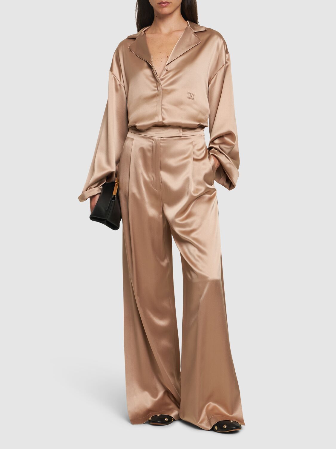 Max Mara Fiesta Silk Satin Slit Wide Pants In Bronze