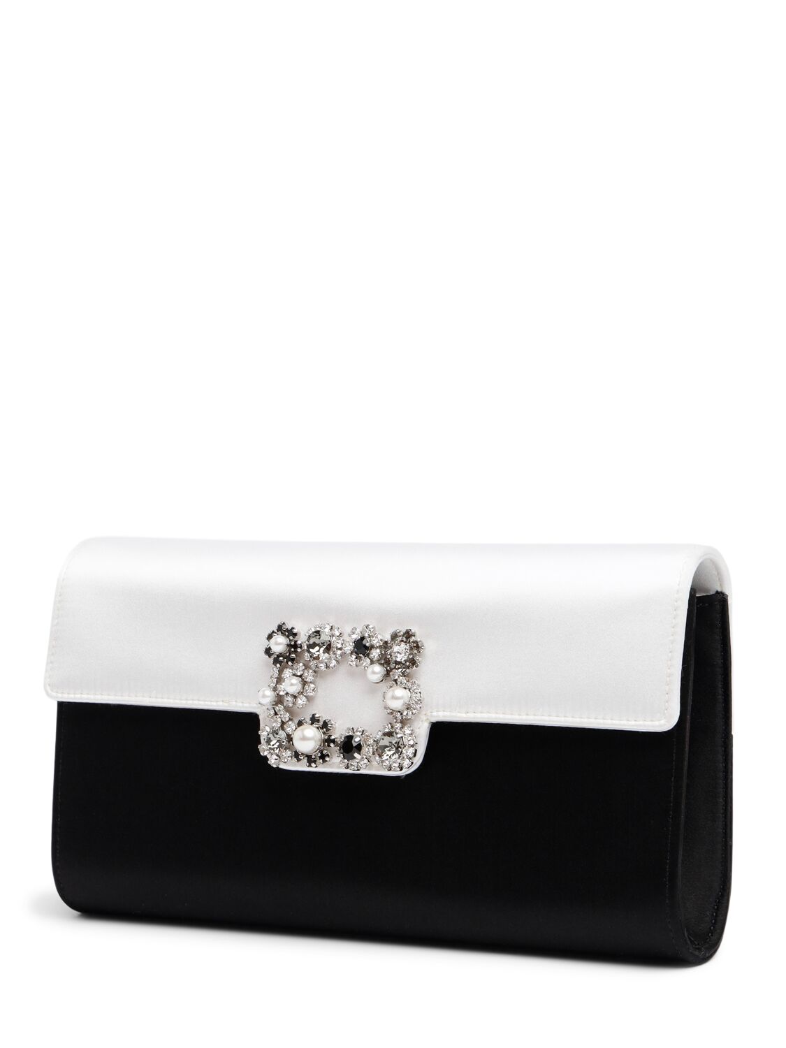 Shop Roger Vivier Envelope Flower Buckle Clutch In 黑色/白色