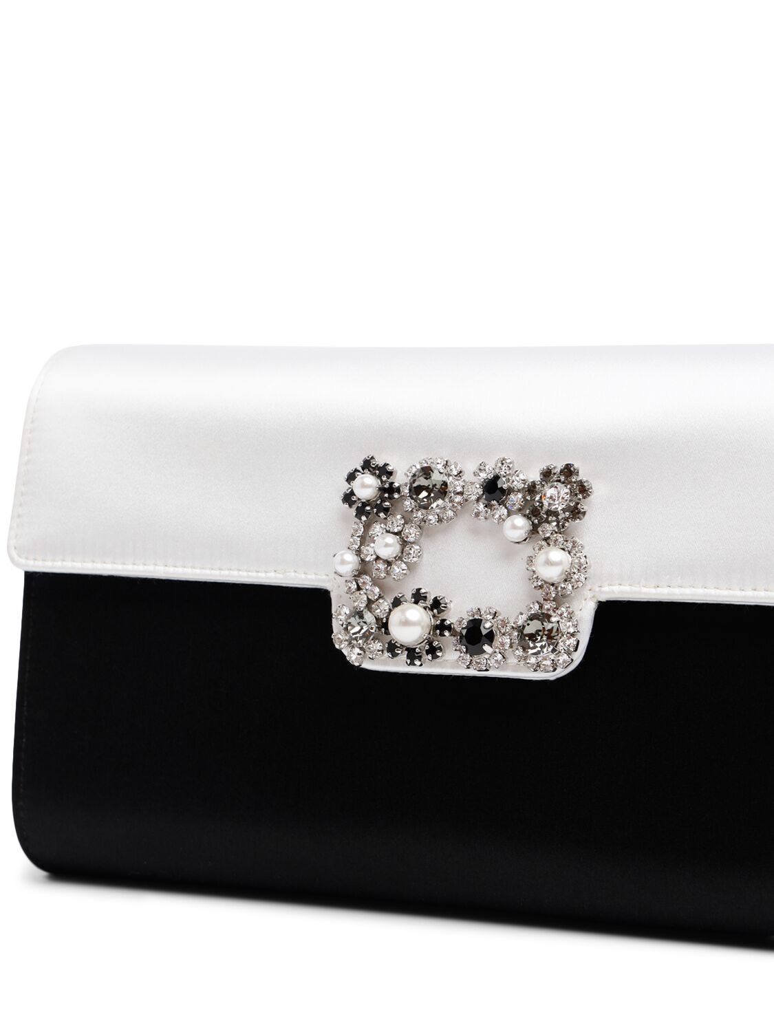 Shop Roger Vivier Envelope Flower Buckle Clutch In 黑色/白色