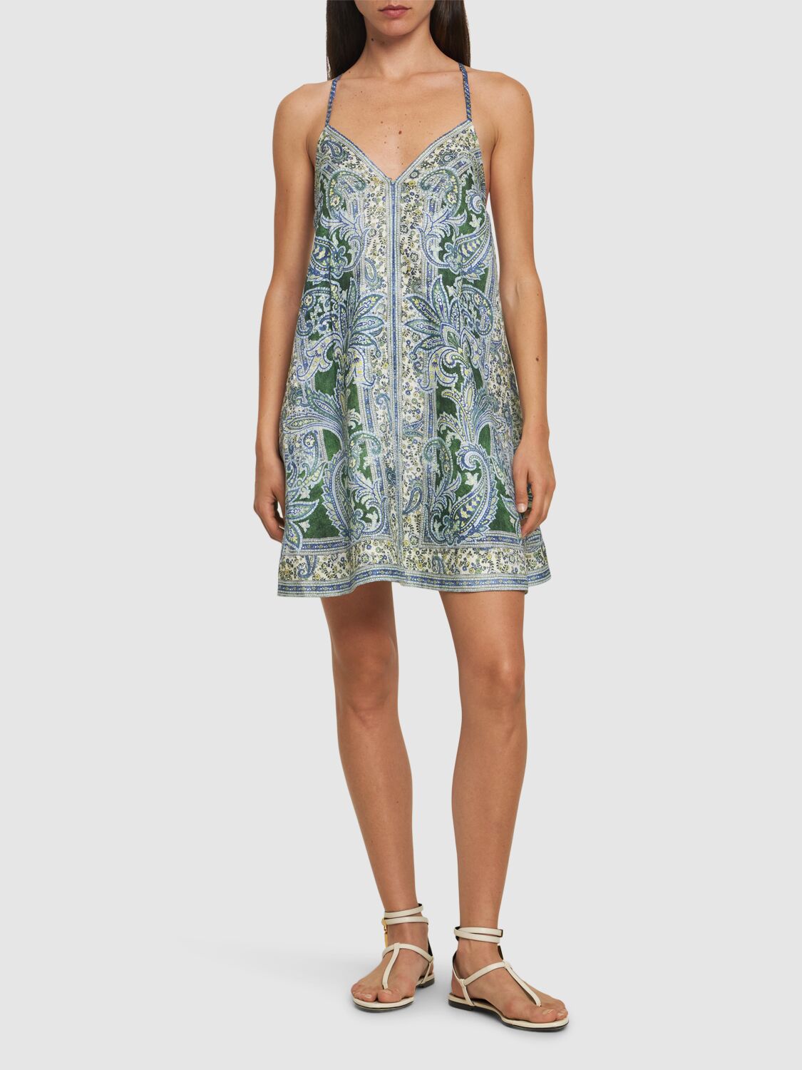 Shop Zimmermann Ottie Linen Swing Mini Dress In Green,multi