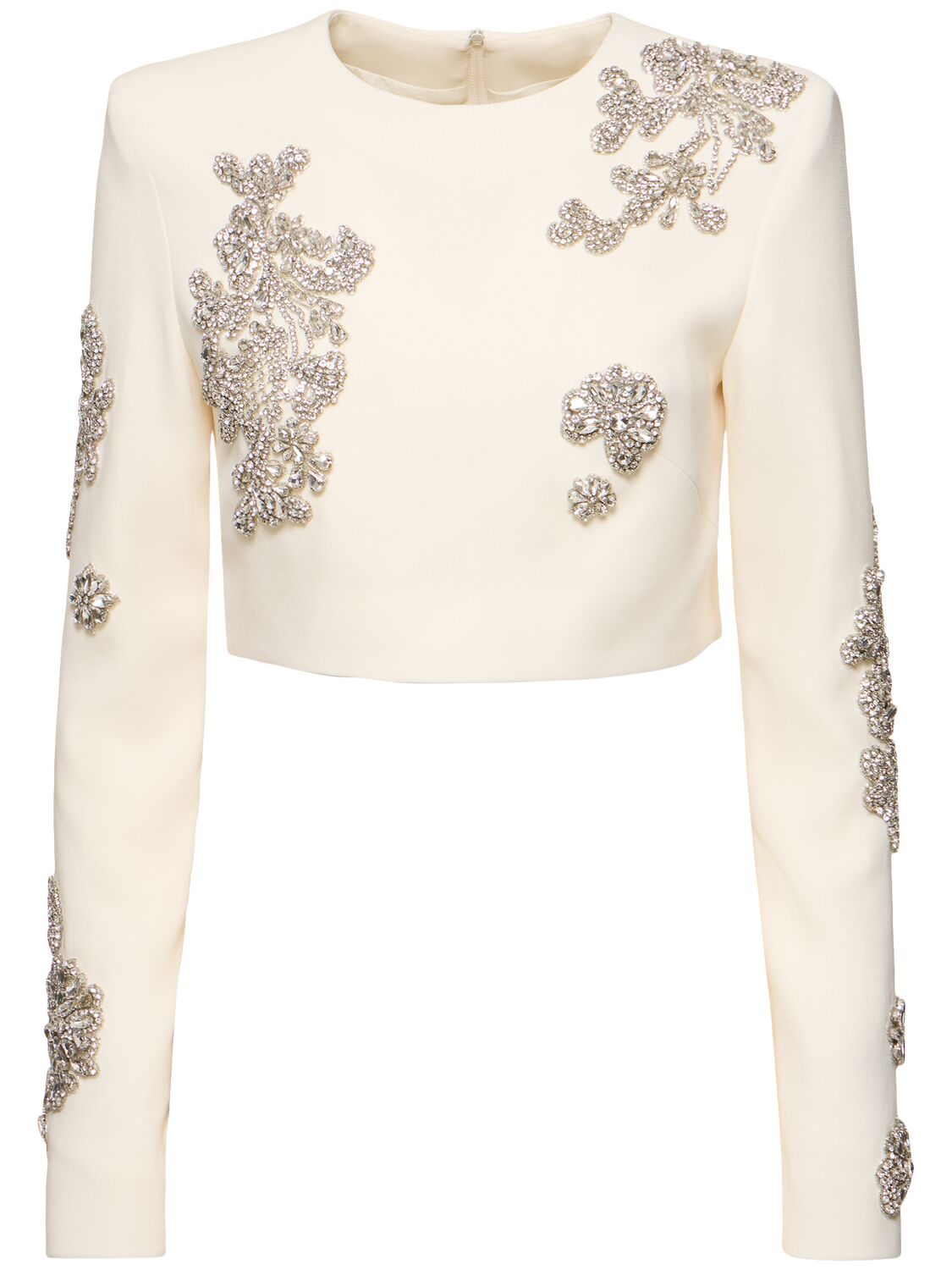 Zuhair Murad Embroidered Cady Long Sleeve Crop Top In White,silver