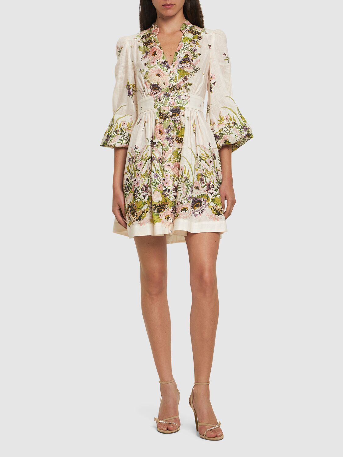 Shop Zimmermann Halliday Linen Plunge Neck Mini Dress In Cream,multi