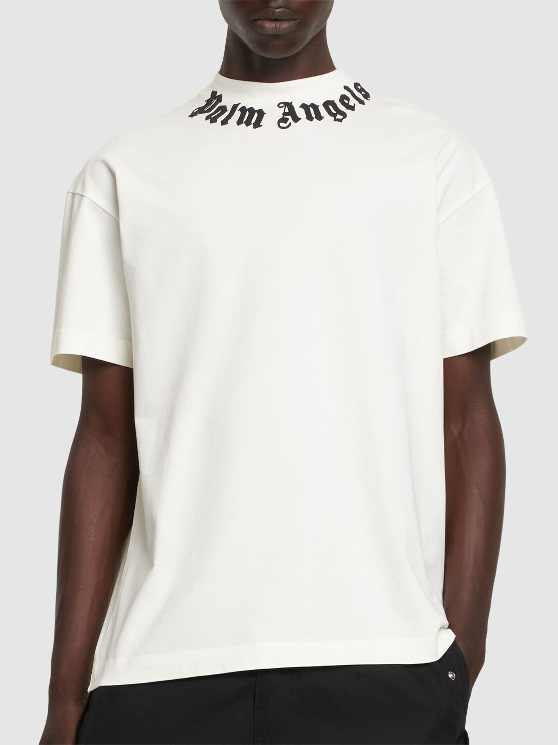 Shop Palm Angels Neck Logo Cotton T-shirt In White