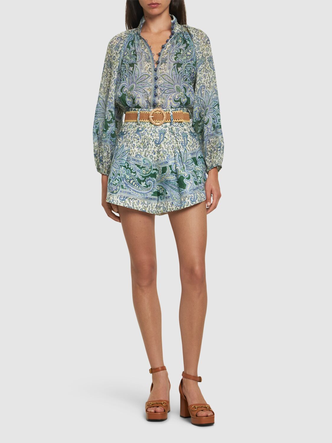 Shop Zimmermann Ottie Printed Ramie Billow Blouse In Green,multi