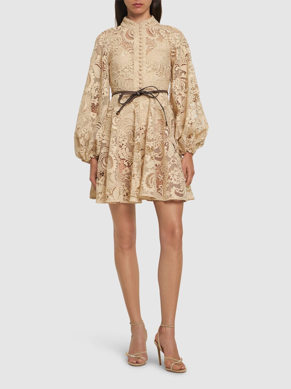 Shop Zimmermann Waverly Lace Mini Dress In Taupe