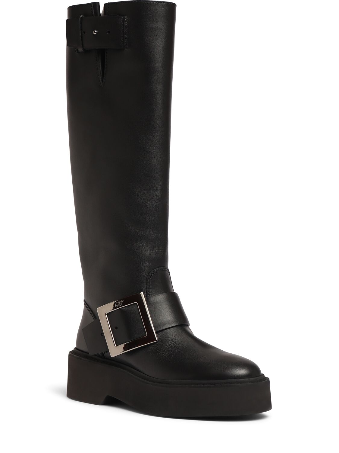 Shop Roger Vivier 15mm Viv Rangers Leather Biker Boots In 黑色