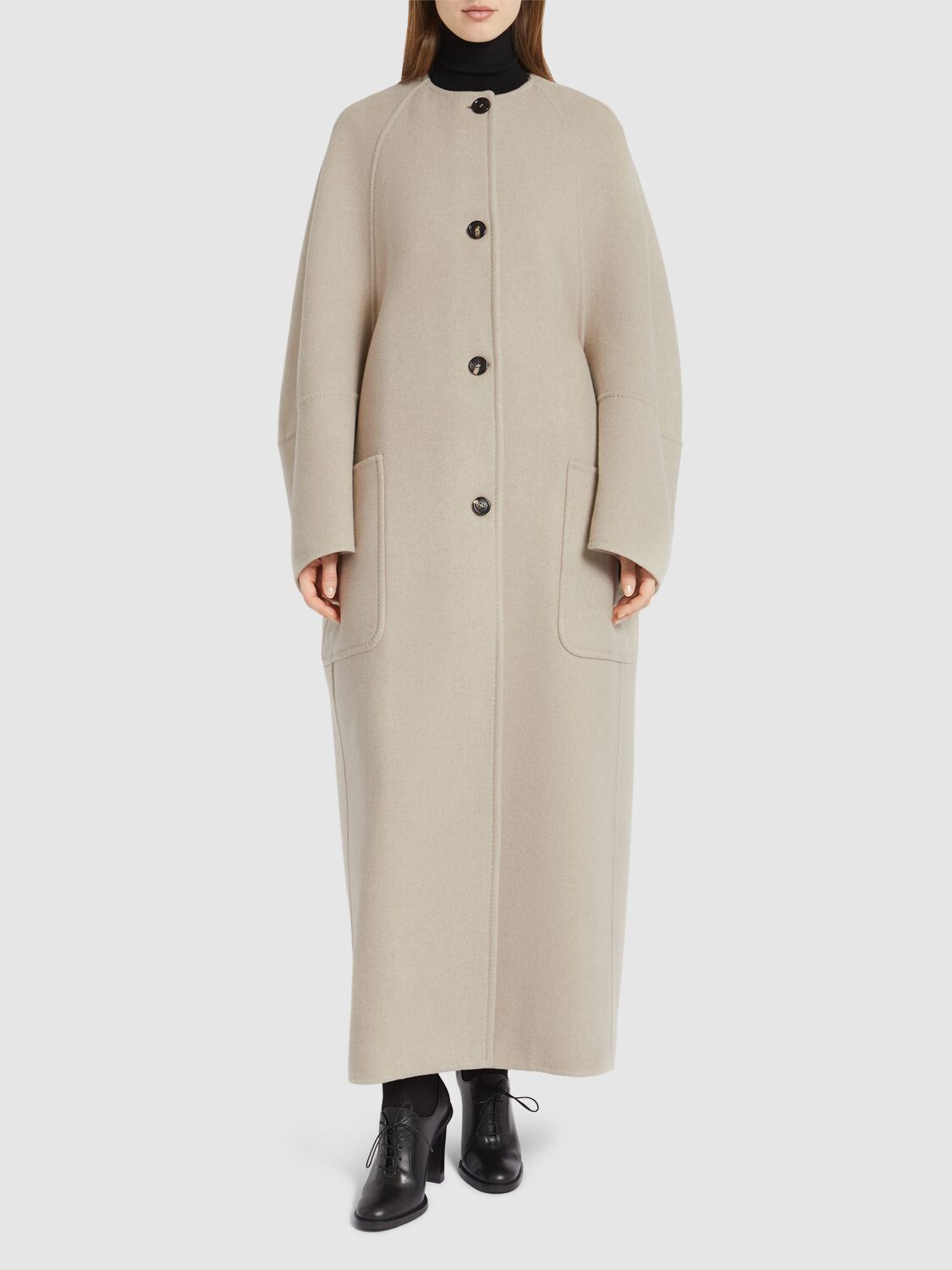 Shop Max Mara Album Collarless Cashmere Long Coat In Beige